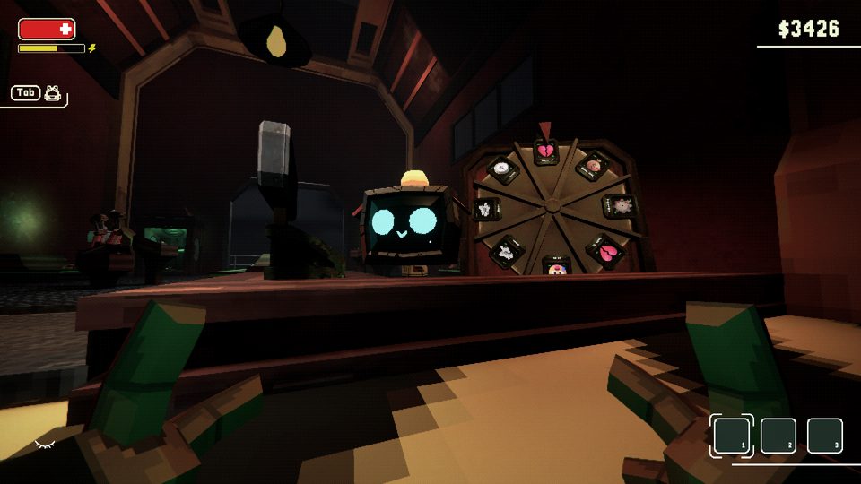 The shop between levels, with the prize wheel